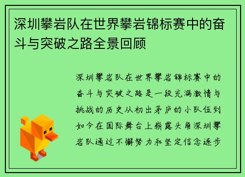 深圳攀岩队在世界攀岩锦标赛中的奋斗与突破之路全景回顾